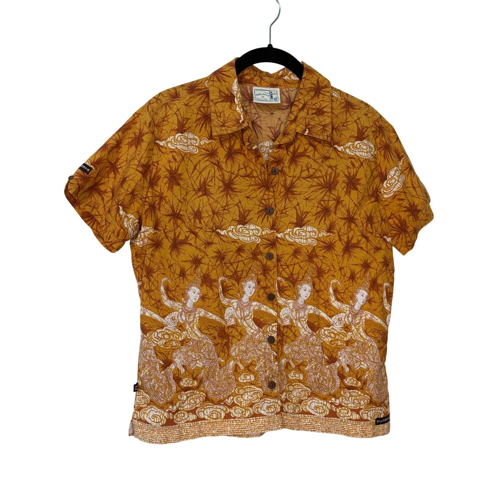 Y2K Billabong Vintage Mustard Yellow Batik Thai Dancer Print Cotton Shirt